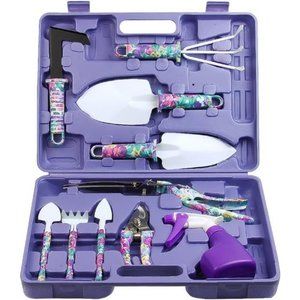 Garden Tools Set,10 Pieces Gardening Tools with Purple Floral Print, Ergonomic